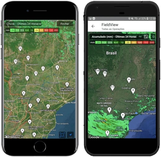 Imagem de satélite mostrando controle de chuva via celular - Climate FieldView